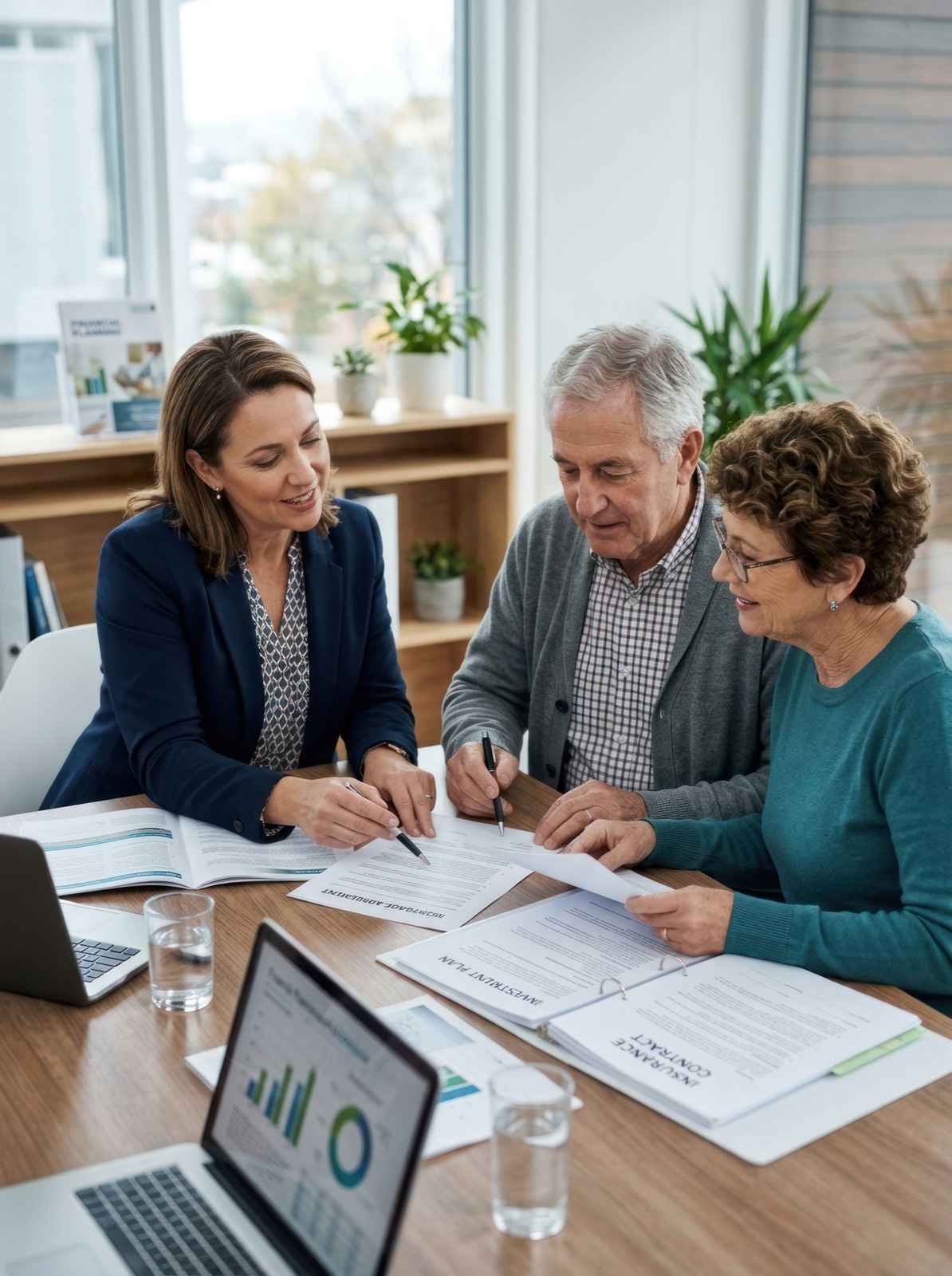 Financial advisor meeting with senior couple reviewing documents